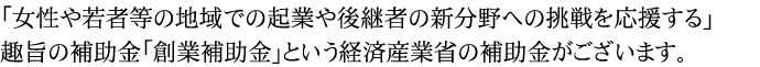 「女性や若者等の地域での起業や後継者の新分野への挑戦を応援する」趣旨の補助金「創業補助金」という経済産業省の補助金がございます。